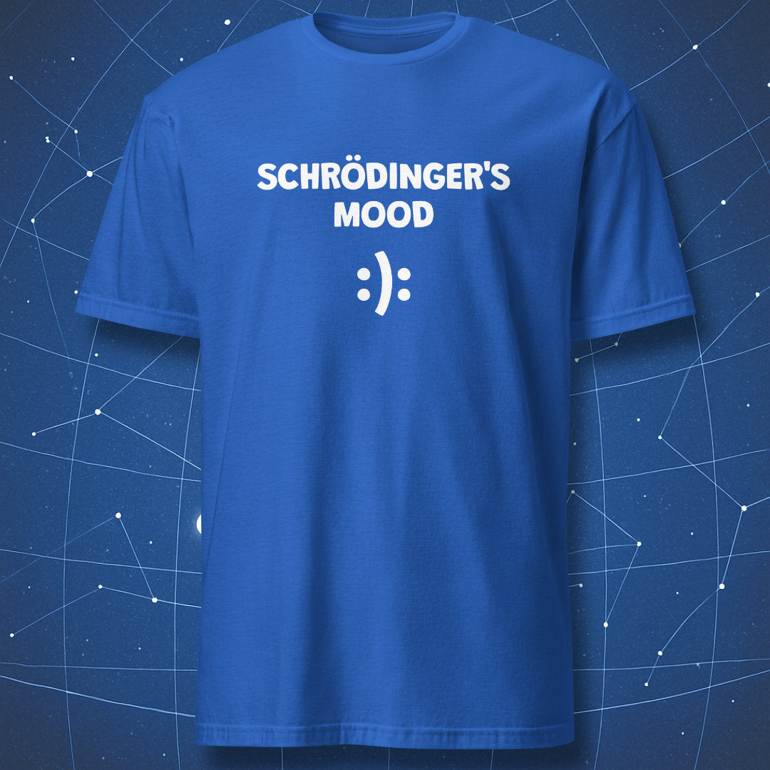 Royal blue Schrödinger’s Mood science joke t-shirt featuring minimalist emoticon design