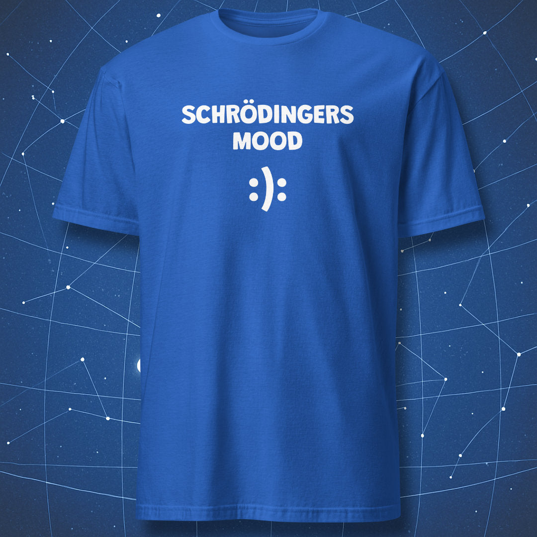 quantum humor T-shirt on royal blue fabric with the text “Schrödinger’s Mood” and white dual-expression face graphic