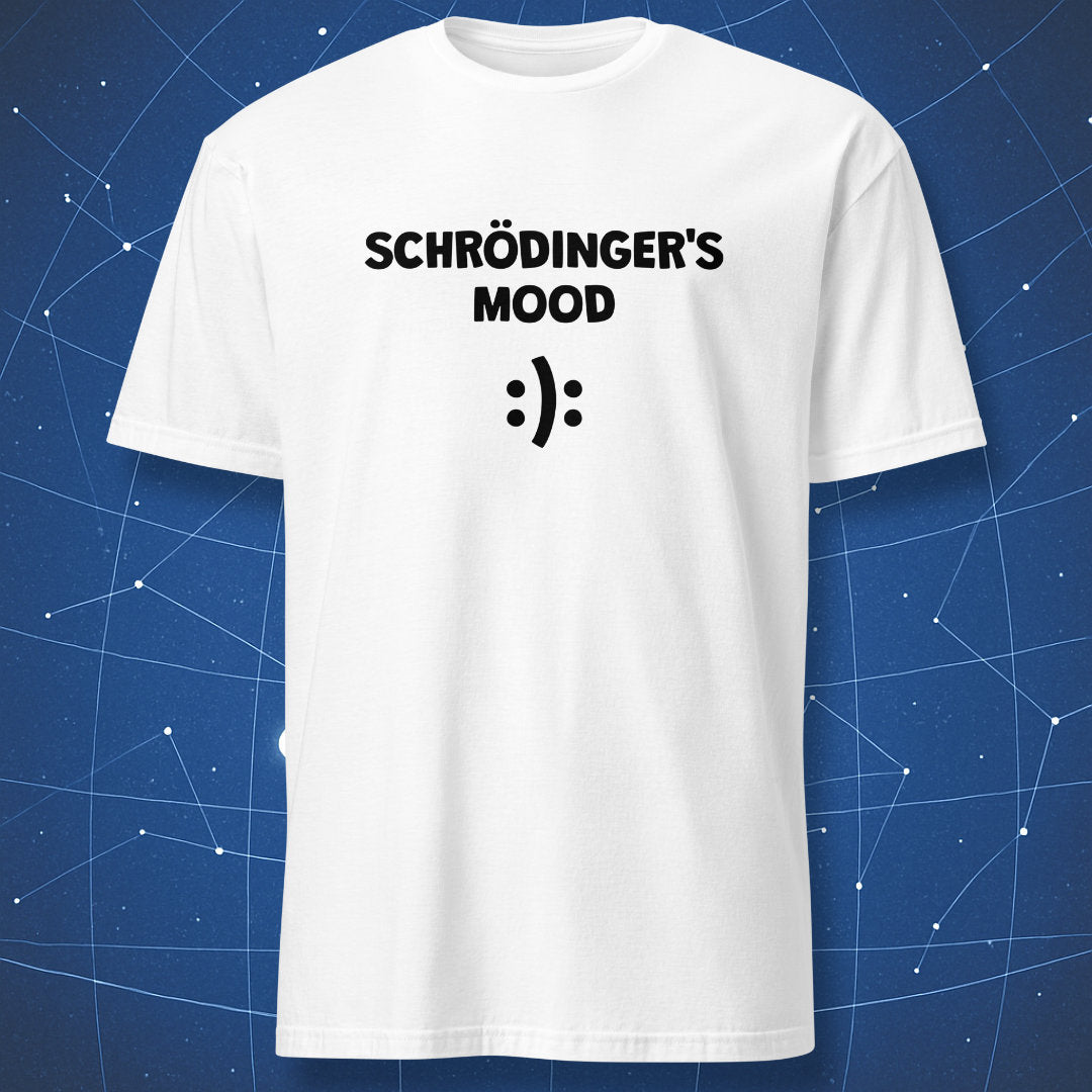 White Schrödinger’s Mood physics humor t-shirt with black minimalist smiley emoticon print
