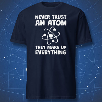 nerdy chemistry joke T-shirt on navy fabric featuring distressed white atom design and science pun text