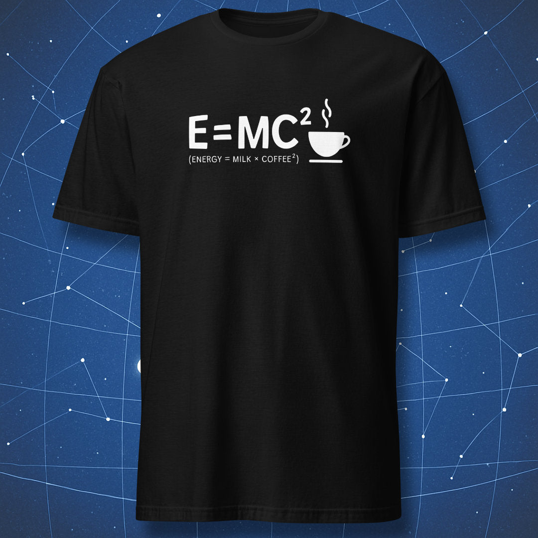 nerdy caffeine humor T-shirt on black fabric showing equation E=MC² and coffee cup symbol