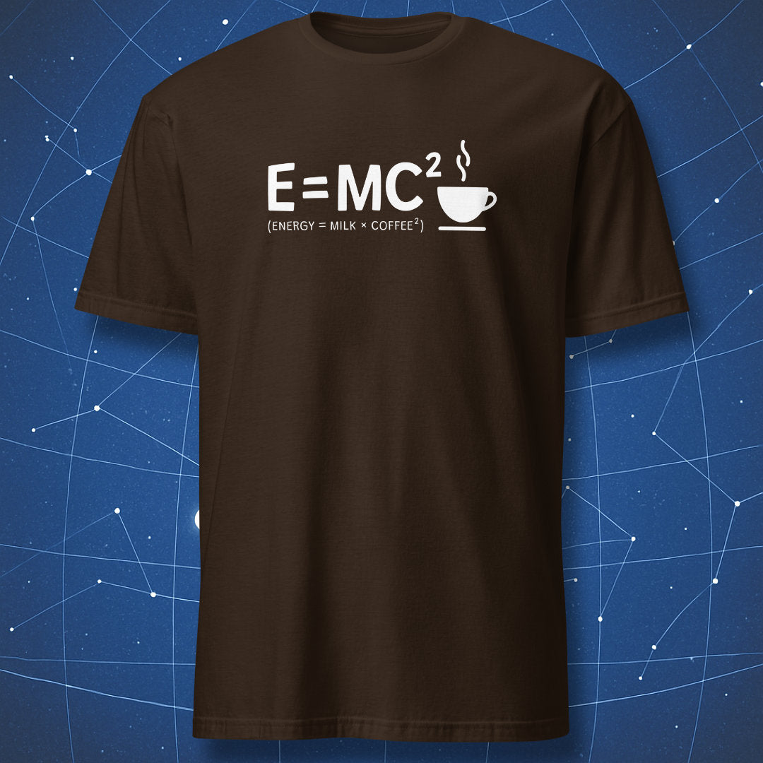 geeky physics coffee T-shirt on dark chocolate fabric with E=MC² design and steaming mug graphic