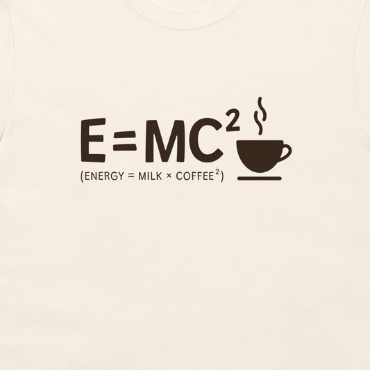 Close-up of a light cream-colored t-shirt featuring a dark brown graphic print of the Einstein equation E=MC squared with a coffee cup icon and the text '(ENERGY = MILK x COFFEE)'.