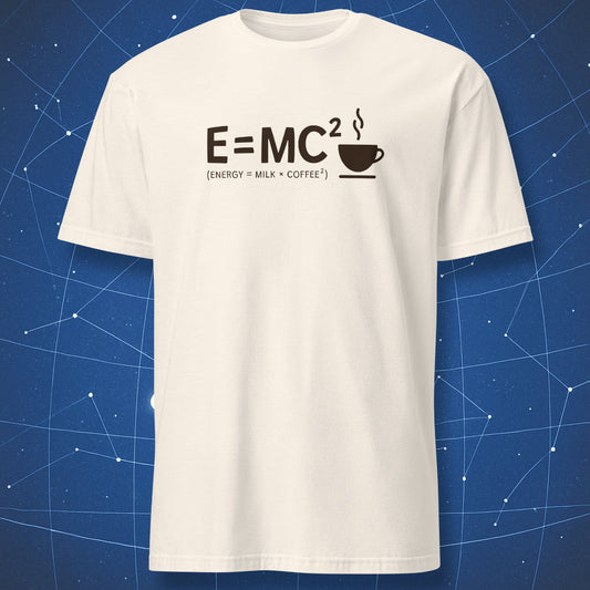 funny coffee and science T-shirt on natural fabric featuring E=MC² with coffee cup icon and text Energy = Milk × Coffee²