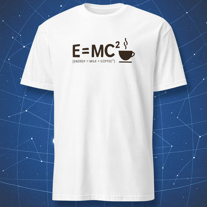 minimalist science pun T-shirt on white fabric with E=MC² equation and coffee cup icon