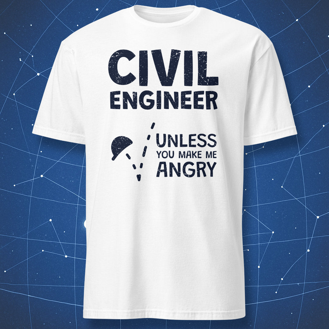civil engineer joke T-shirt on white fabric featuring simple falling helmet design and bold distressed typography