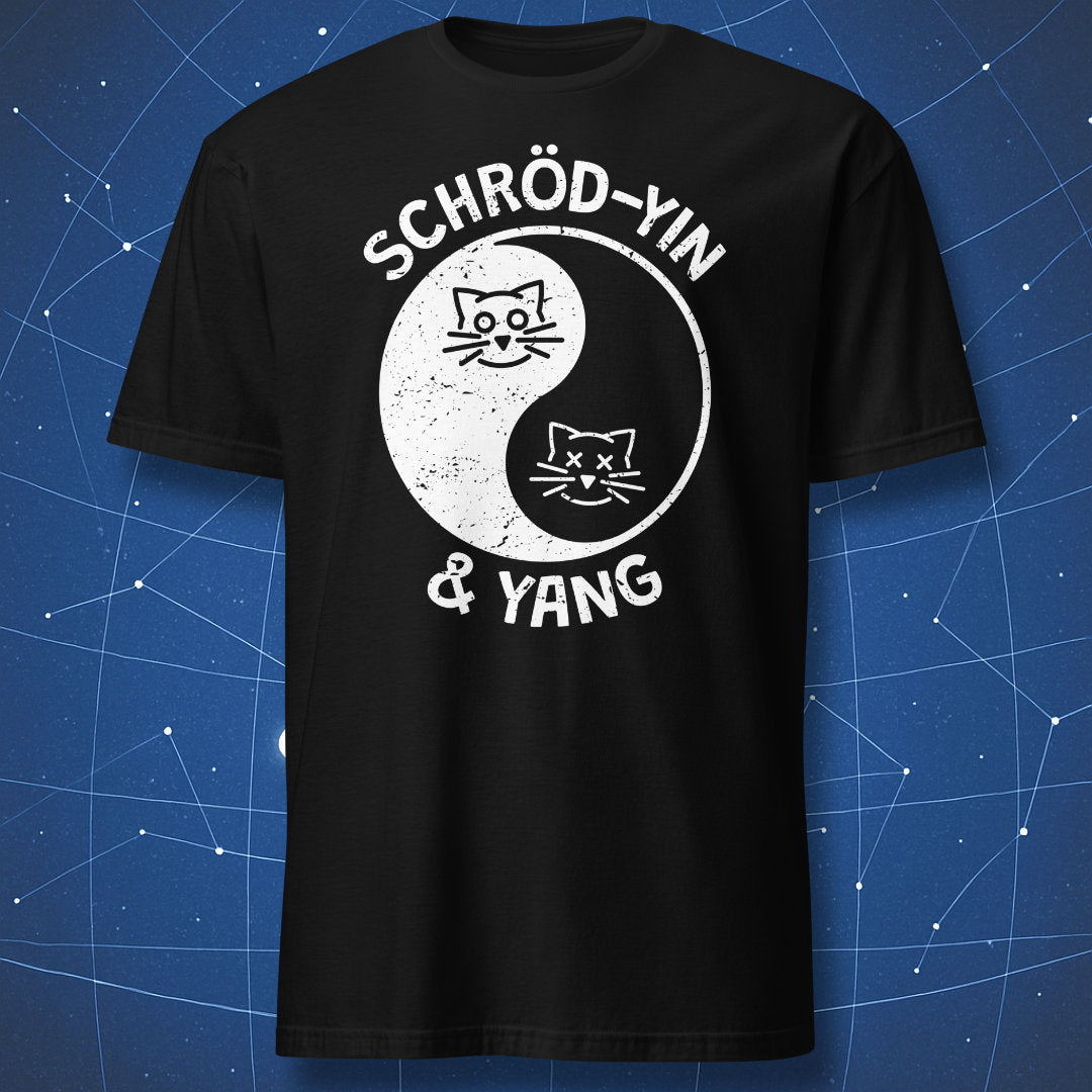 funny physics T-shirt on black fabric with white yin-yang symbol featuring two Schrödinger cats and text Schröd-Yin & Yang