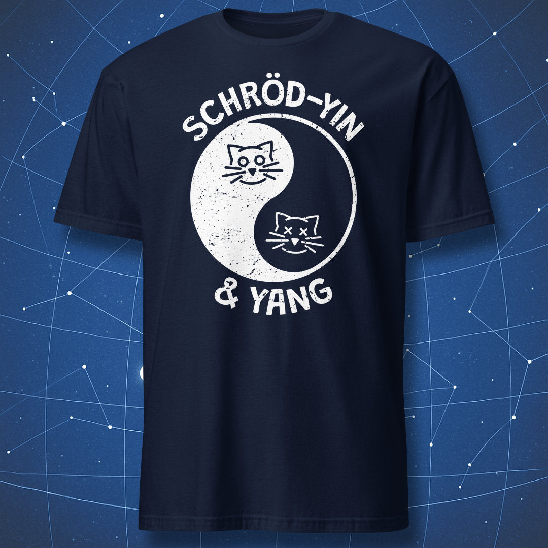 nerdy quantum physics T-shirt on navy fabric with Schrödinger’s cat yin-yang parody graphic