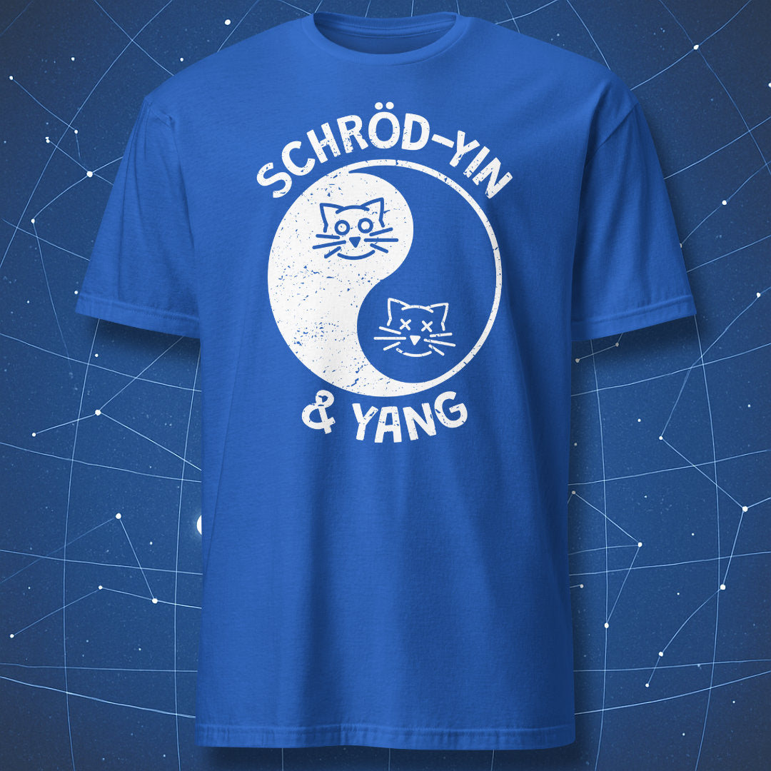 philosophy meets physics T-shirt on royal blue fabric showing yin-yang cats illustration with Schröd-Yin & Yang lettering