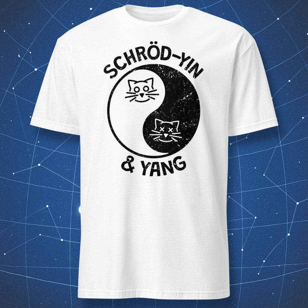 science humor T-shirt on white fabric showing yin-yang cats design with Schröd-Yin & Yang text