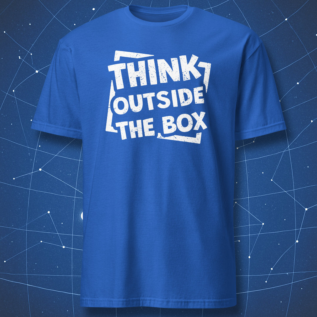 modern creativity T-shirt on royal blue background showing Think Outside the Box quote in distressed bold type