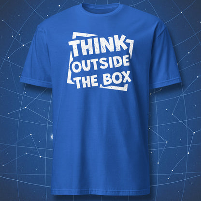 modern creativity T-shirt on royal blue background showing Think Outside the Box quote in distressed bold type