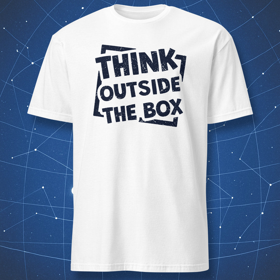 motivational quote T-shirt on white fabric reading Think Outside the Box with skewed box outline around the text