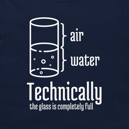 A close-up of a navy blue t-shirt featuring a white graphic print of a glass with bubbles and the text 'air water Technically the glass is completely full'.