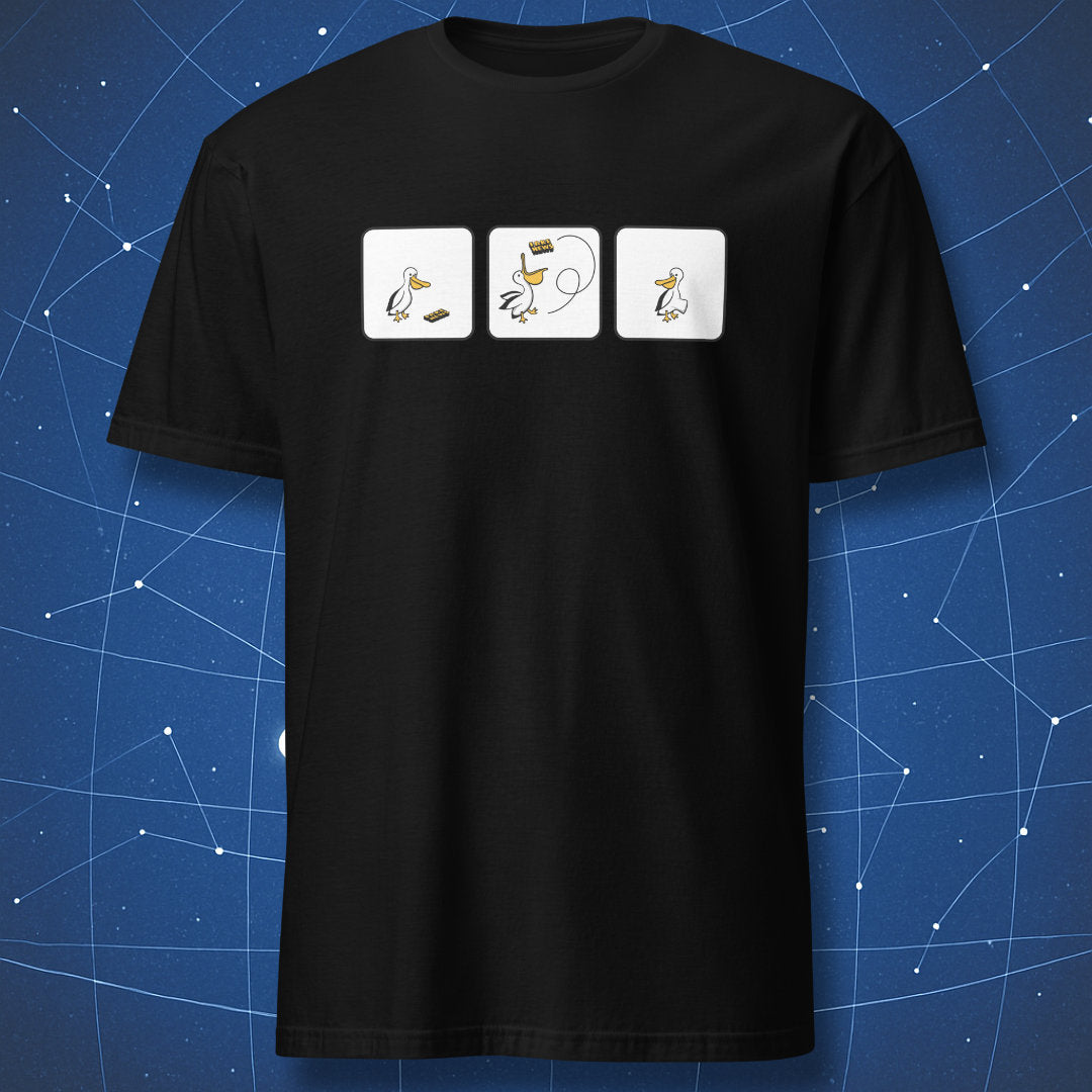 funny science T-shirt on black fabric showing cartoon pelican and fake news pun with three-panel comic design