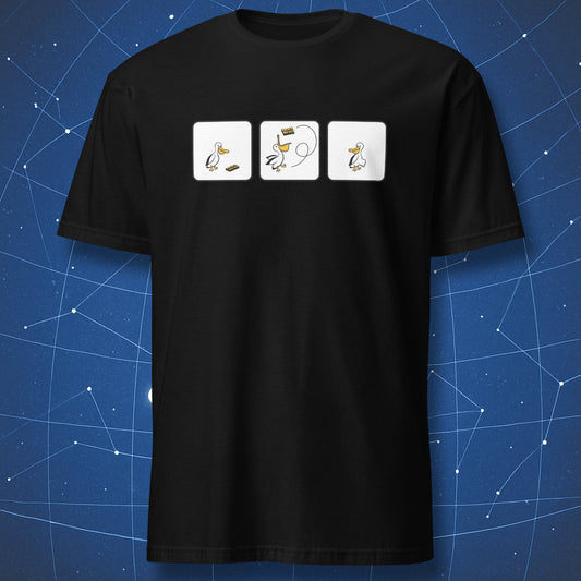 funny science T-shirt on black fabric showing cartoon pelican and fake news pun with three-panel comic design