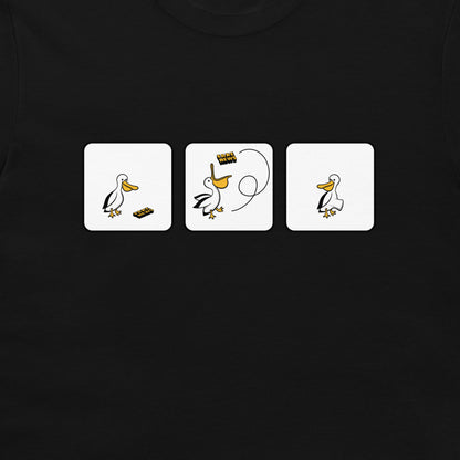 A close-up of a black t-shirt featuring a graphic print of three white square panels with a cartoon pelican and fake news.
