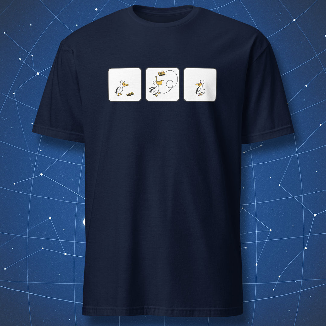 nerdy pun T-shirt on navy background showing pelican cartoon demonstrating fake news visual joke