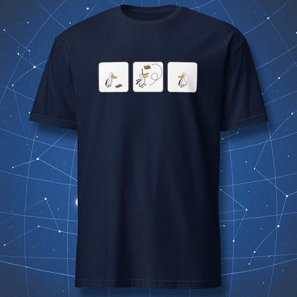 nerdy pun T-shirt on navy background showing pelican cartoon demonstrating fake news visual joke