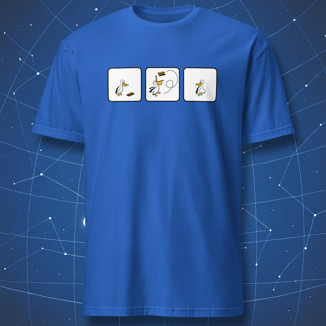 science humor T-shirt on royal blue fabric with pelican fake news comic strip design