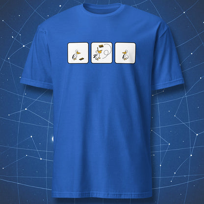 science humor T-shirt on royal blue fabric with pelican fake news comic strip design
