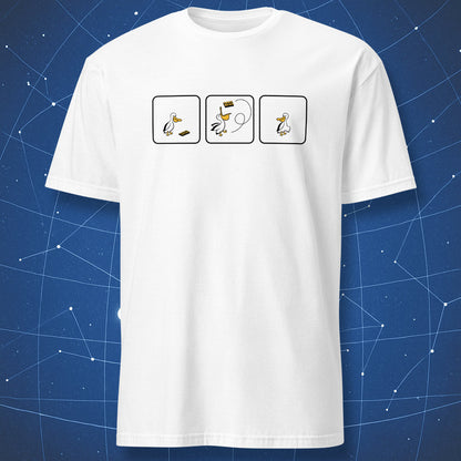 humorous biology T-shirt on white fabric featuring pelican comic strip joke about fake news