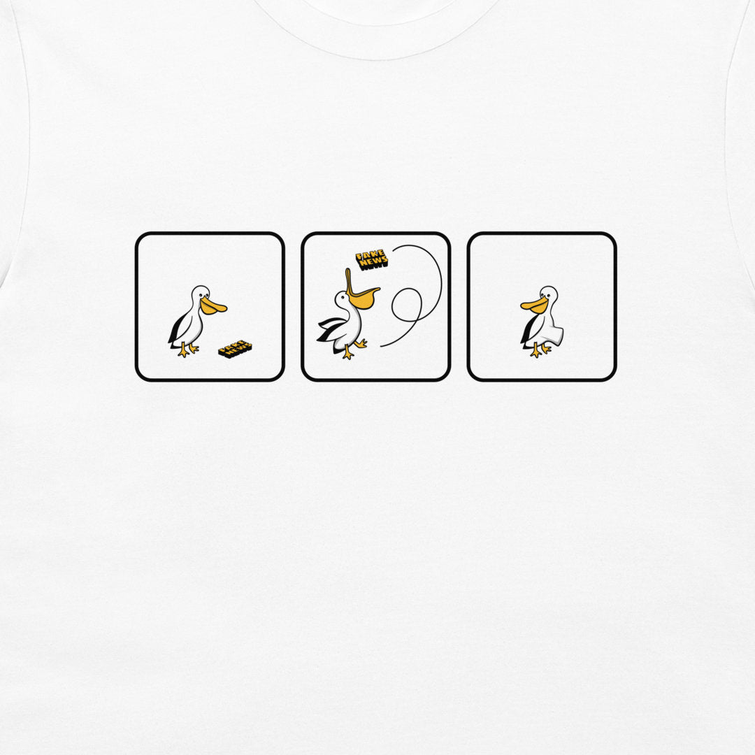 A white long-sleeve t-shirt featuring a graphic print of three cartoon pelicans in black-bordered boxes, showing a cartoon pelican and fake news.