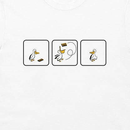 A white long-sleeve t-shirt featuring a graphic print of three cartoon pelicans in black-bordered boxes, showing a cartoon pelican and fake news.