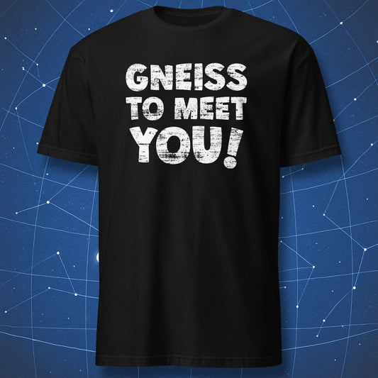 funny geology T-shirt on black fabric with large distressed white text reading Gneiss to Meet You pun design