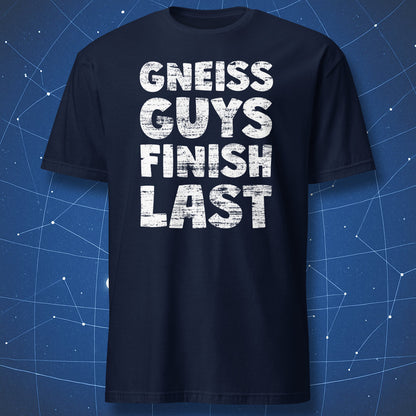 geology pun T-shirt on navy fabric with Gneiss Guys Finish Last design for rock collectors and geologists