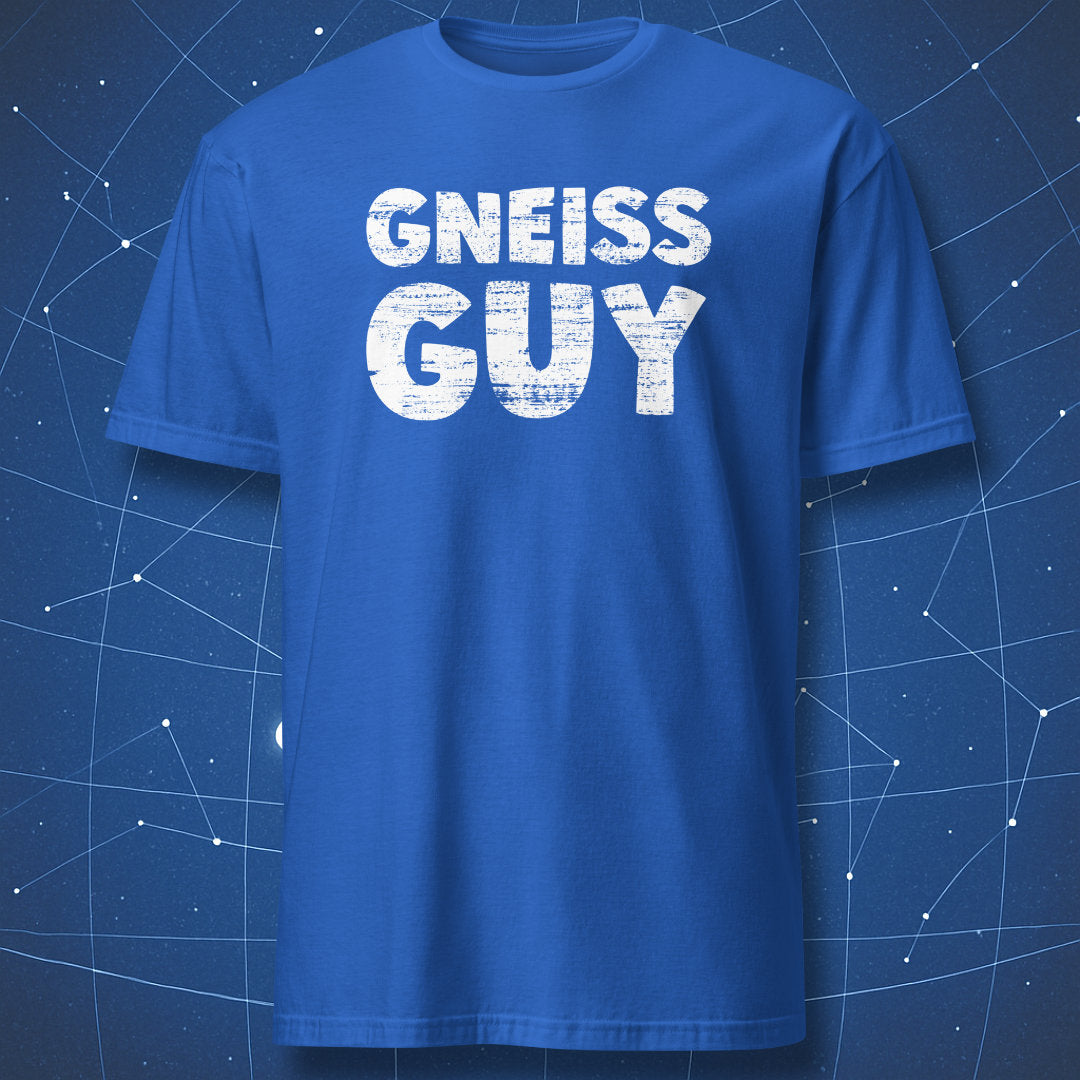 geology pun shirt on royal blue fabric reading Gneiss Guy in bold distressed typography