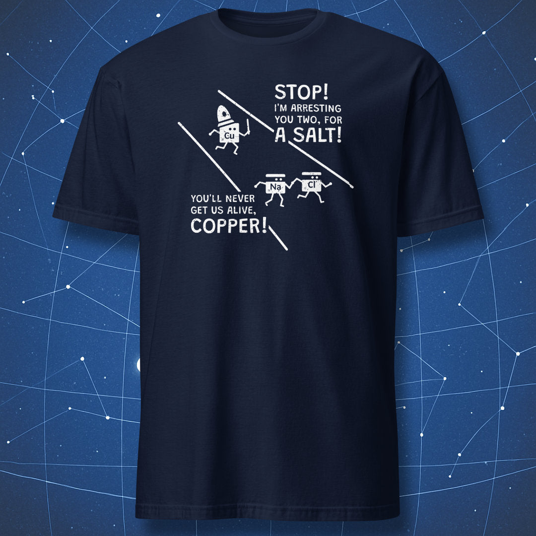 nerdy chemistry T-shirt on navy fabric with cartoon atoms and clever salt and copper pun text