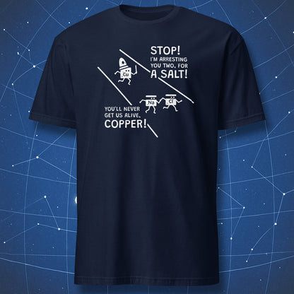 nerdy chemistry T-shirt on navy fabric with cartoon atoms and clever salt and copper pun text