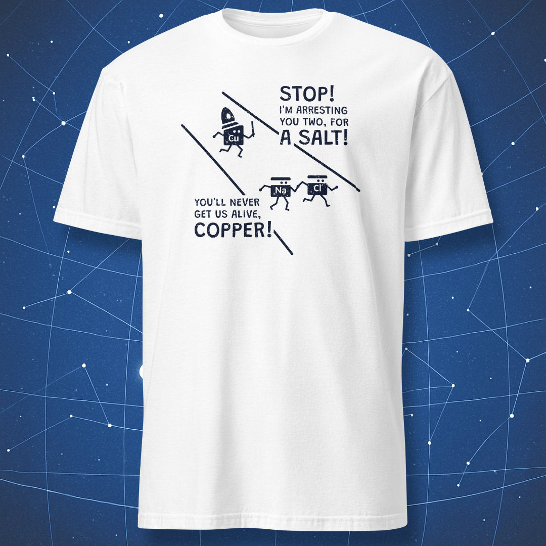 science humor T-shirt on white fabric featuring chemical elements copper sodium and chlorine in police chase pun design