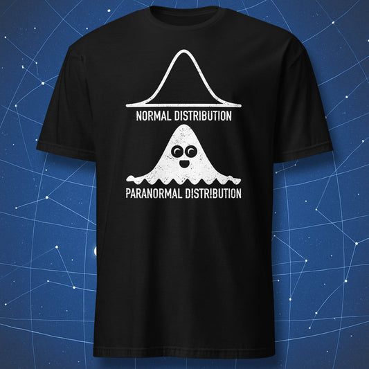 funny math T-shirt on black fabric showing normal distribution curve and ghostly paranormal distribution illustration