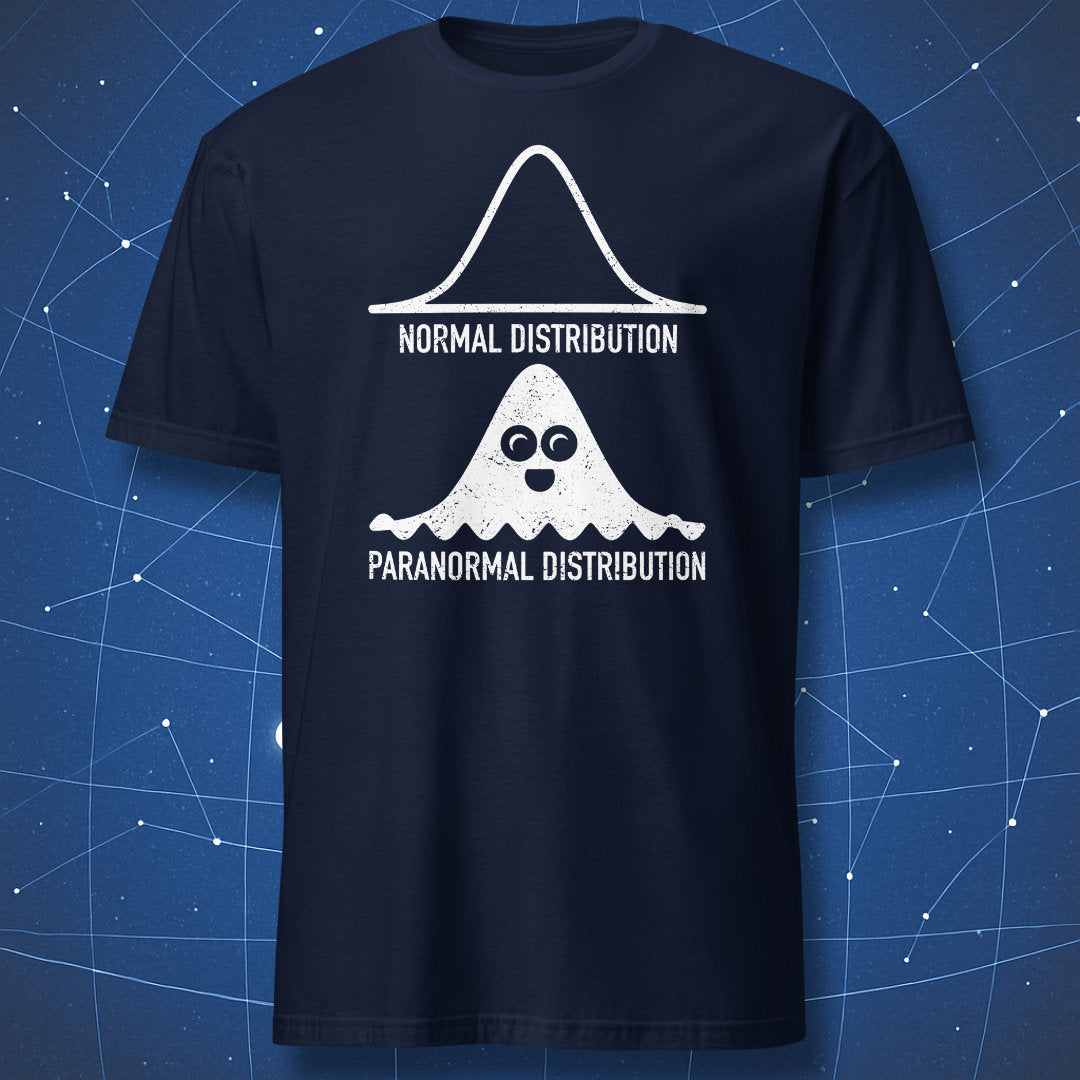 data science pun T-shirt on navy fabric featuring a ghost-shaped bell curve labeled paranormal distribution