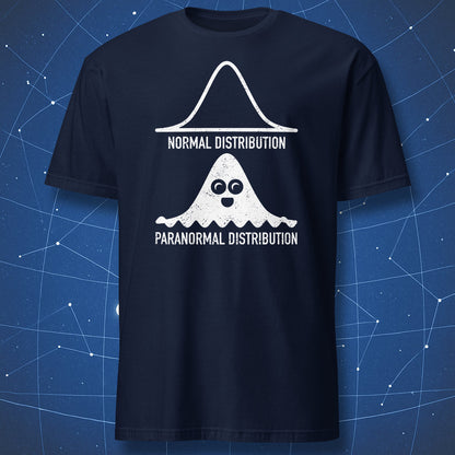 data science pun T-shirt on navy fabric featuring a ghost-shaped bell curve labeled paranormal distribution