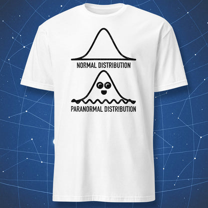 geeky statistics humor T-shirt on white fabric with normal and paranormal distribution graphics
