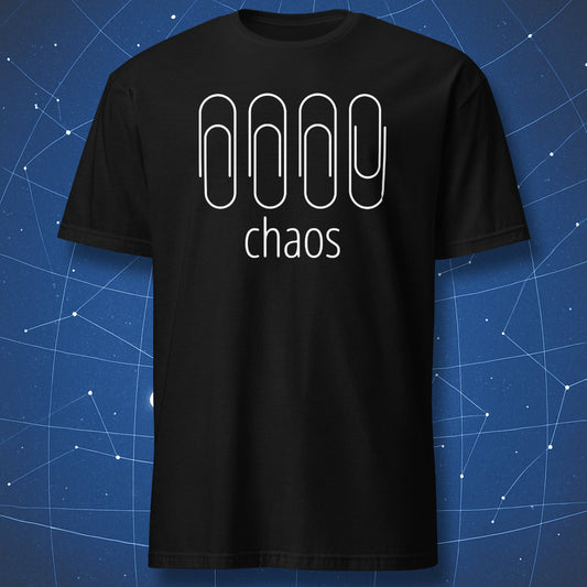 minimalist funny T-shirt on black fabric showing five white paperclips with one misaligned above the word chaos