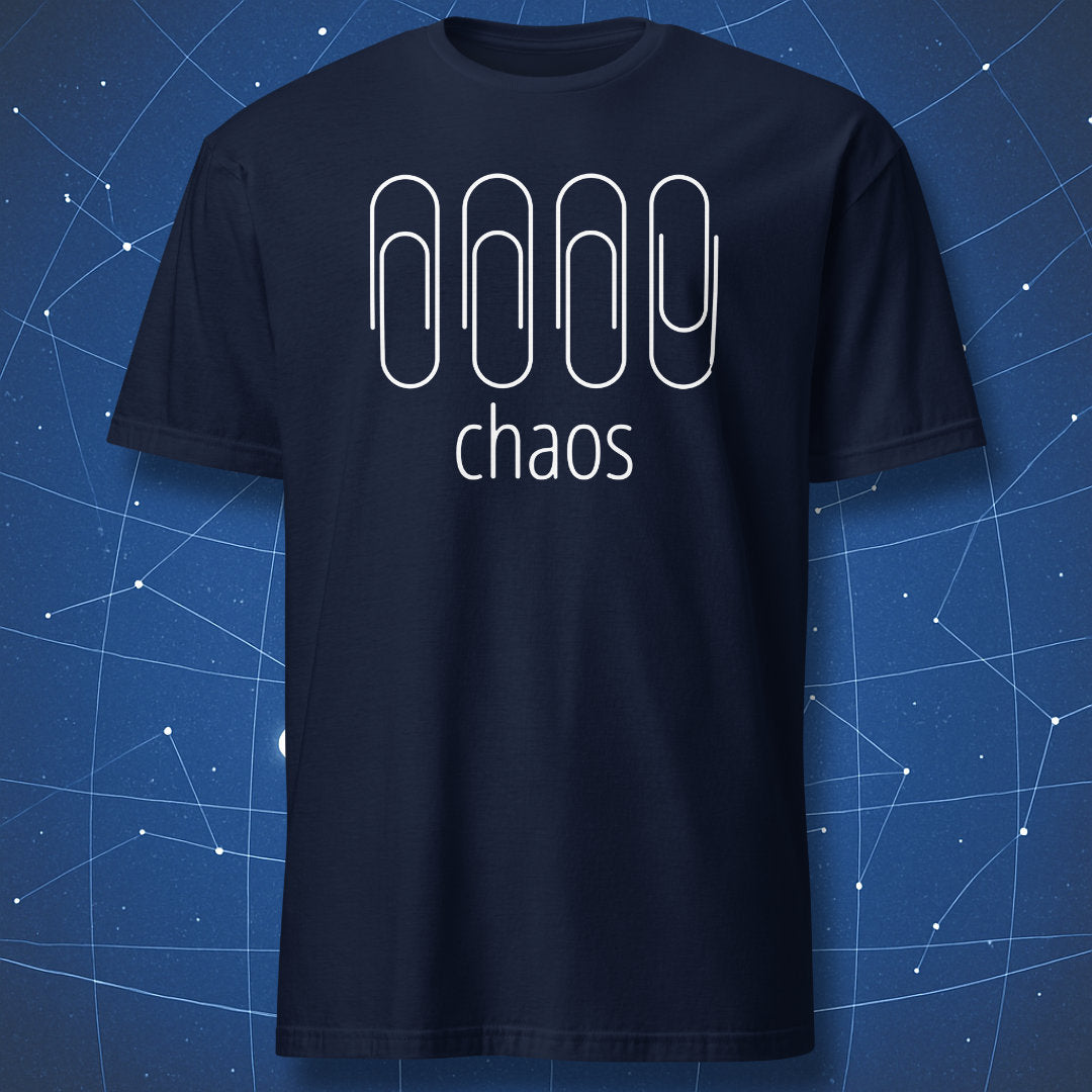 geeky minimalist shirt on navy fabric with simple paperclip graphic symbolizing chaos and disorder