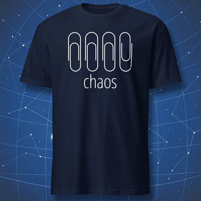 geeky minimalist shirt on navy fabric with simple paperclip graphic symbolizing chaos and disorder