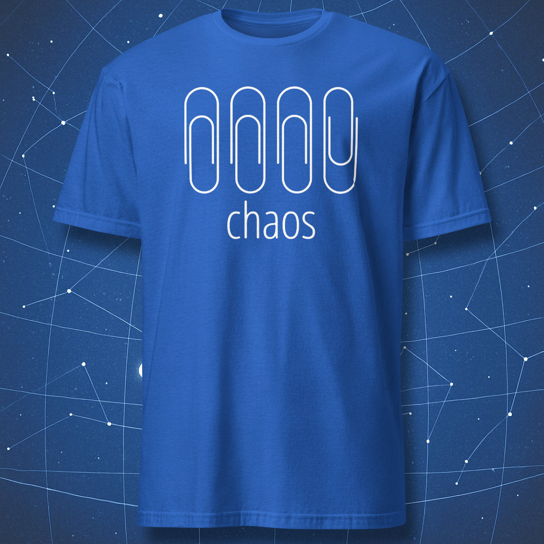 funny science-inspired T-shirt on royal blue fabric with white paperclip illustration and chaos typography