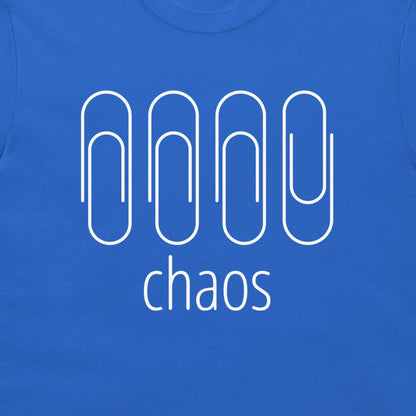 A close-up of a royal blue t-shirt featuring a white graphic of four stylized paperclip-like shapes above the word 'chaos' in lowercase sans-serif font.