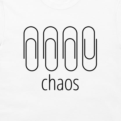White long-sleeve t-shirt featuring a black graphic of four paperclip-like shapes above the word 'chaos' in lowercase serif font.