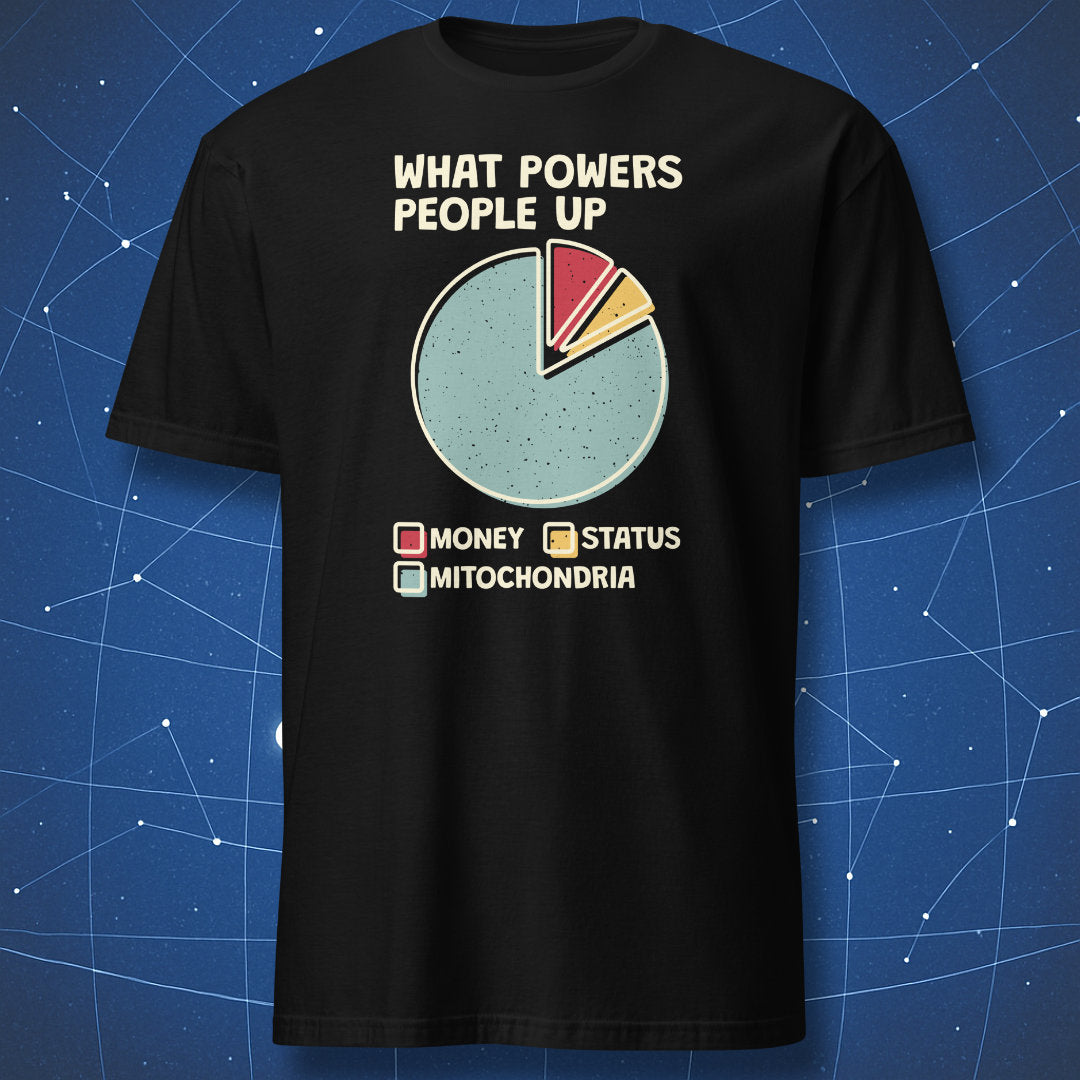 science humor T-shirt on black fabric featuring colorful pie chart about mitochondria as the powerhouse of the cell