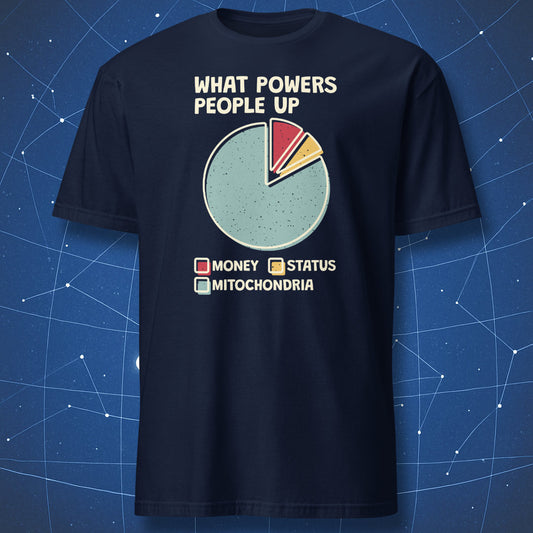 nerdy biology T-shirt on navy background with funny what powers people up chart highlighting mitochondria