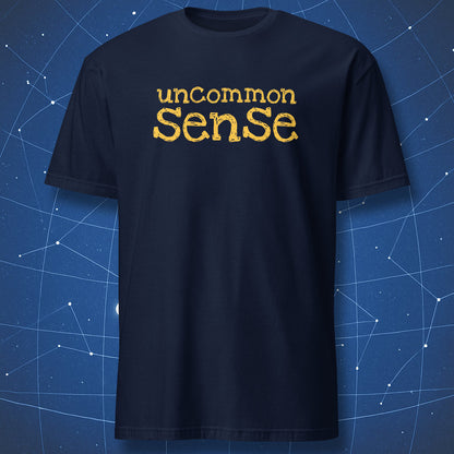 smart geek T-shirt on navy fabric with yellow uncommon sense typography for witty minimalist design