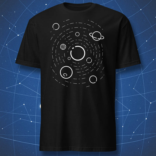 minimalist astronomy T-shirt on black fabric with white chalk line solar system illustration of planets orbiting the sun