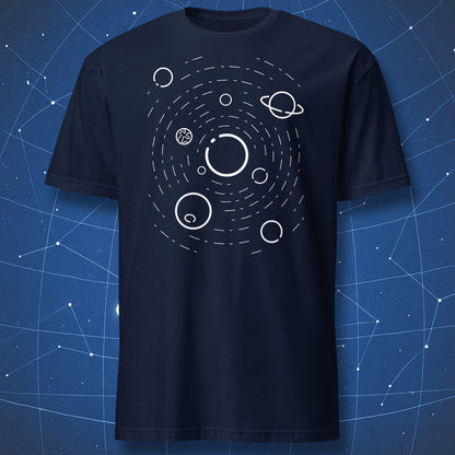 space-inspired T-shirt on navy fabric showing minimalist white planet orbits forming solar system design