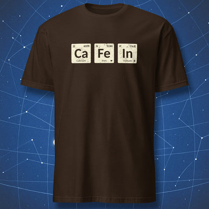 chemistry coffee T-shirt on dark brown fabric featuring caffeine spelled from periodic elements Ca, Fe, and In